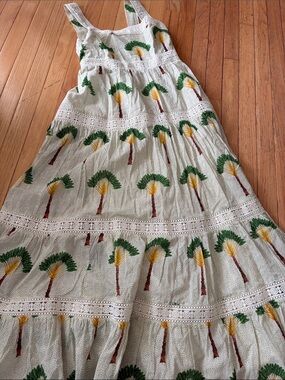 Calypso St. Barth Cream Tiered Maxi Skirt with Green & Yellow Palm Print